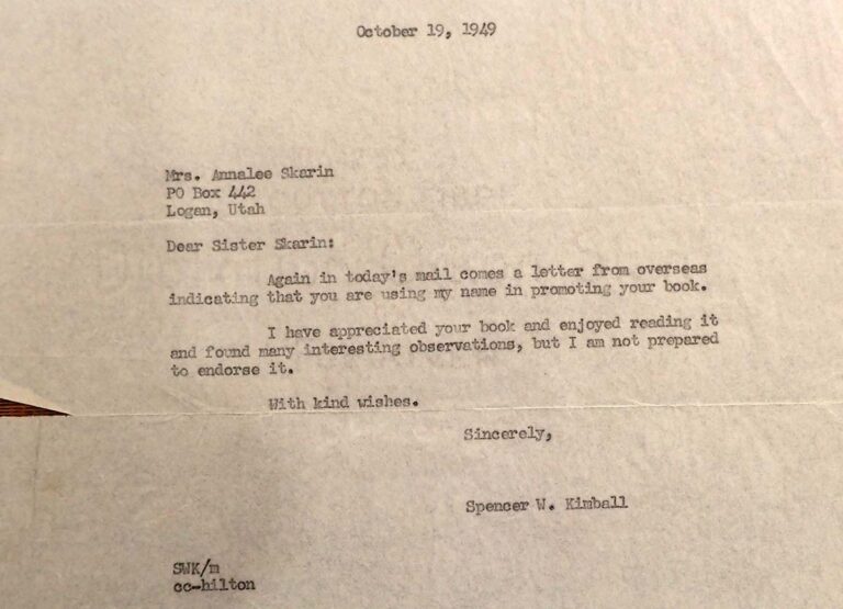 Annalee Skarin letter from Spencer W Kimball 1949-10-19